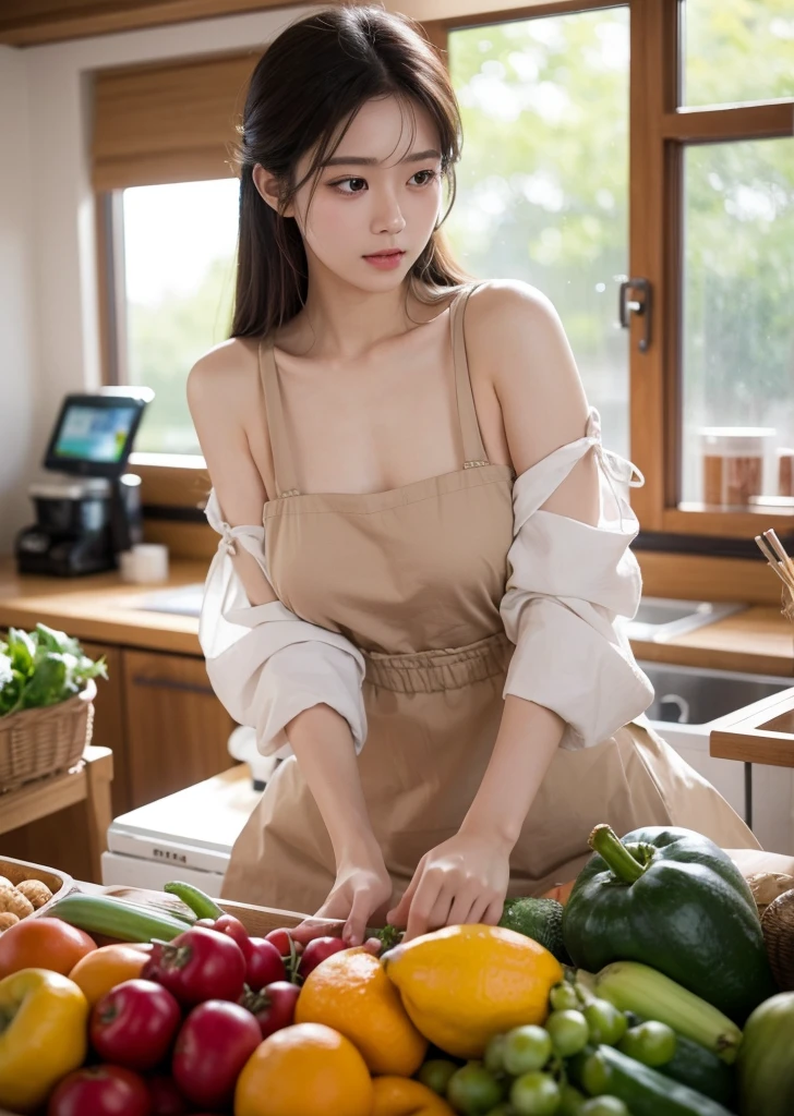 (Realistic、Photorealistic、Ultra-detailed、Highest Detail Skin、highest quality、masterpiece、超A high resolution)、Very cute Japanese woman、18-year-old、Gradient lighting、One Girl、Purelos Face、(((((Naked Apron、Wear only an apron、Green apron only、No clothes)))))、(((Coffee shop clerk、Serve customers at the counter)))、On the bed、Laughter、Realistic skin types、Perfect Style、Gravure idol pose、shortcut、double eyelid,The camera is from the side of the body、Soft Breasts、