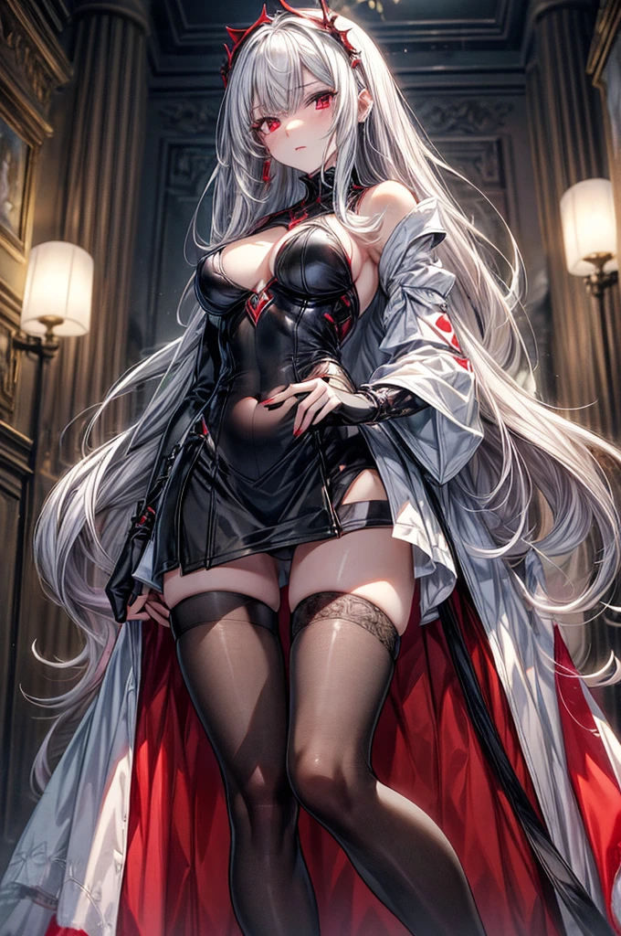 masterpiece, super detailed, precision art, beautiful young woman, 18 years old, flawless pale white skin, long straight silky black hair, beautiful blood red eyes, symmetrical face, sexy and beautiful but dangerous and deadly, staring into her eyes is as if you are being marked by a predator, thick and plump blood red lips, slender and athletic body, modest breasts, modest curves, small round ass, tall height(180cm), wearing elegant yet battle ready one piece dress, thigh-high stockings and detached sleeves, hip level shot