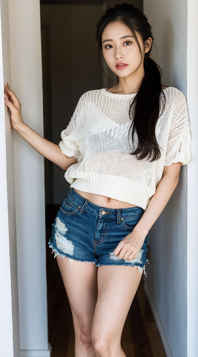 Dark brown hair、Light brown eyes、Japanese actress、 Lady、I am about 40 years old.........、(Intricate details:1.2)、 (Ultra-high resolution:1.2)、Ultra-high resolution、(fine adjustment)、(Detailed facial features)、Hmph、8k resolution、D cup size breasts、Long Hair、Bright terrace room with sunlight streaming in、Large windows、Extravagant space、relax、、,Full body photo、Head to toe shot、Beautiful feet、black Loose fit openwork T-shirt、Underwear shorts、Beautiful feet、Bright terrace room with sunlight streaming in、she, household items, (plant:0.8), Fashion Hub, Very detailed, Very detailed, Realistic, Hourglass Shaped Body, Obscene pose,、Messy Hair、Messy ponytail、Leaning against a wall、I cry a lot、tears、Skin is visible through the knit、White floor、White wall、A masterpiece of transparent painting、
