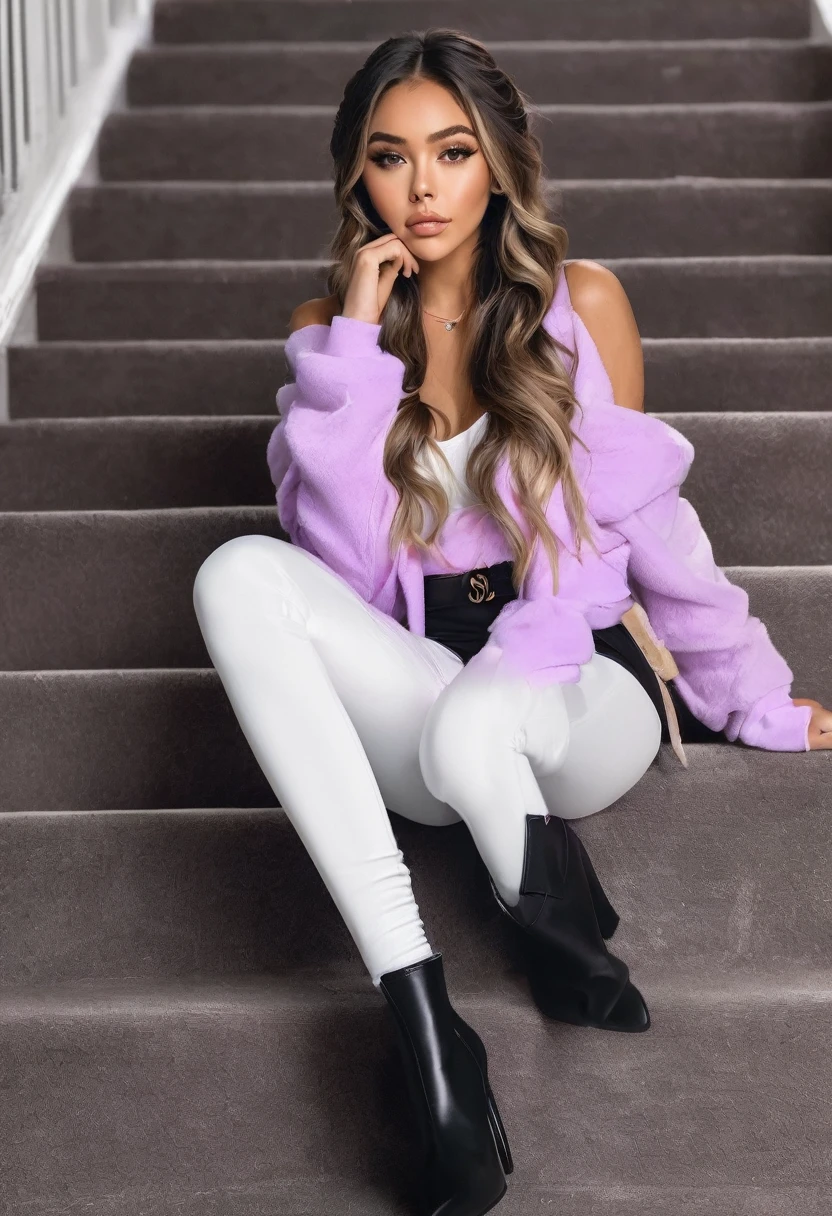 Araffe sitting on some stairs with a magazine and a pair of boots., tight suit, white leggings, Violet Myers, tight suit blanco liso, soft devil queen Madison Beer, Vanessa Morgan, Madison Beer, teenage Vanessa Morgan, angelablanca, Fitted garment, Medium pink, wearing white socks, long white stockings., Instagram Template, in black and white