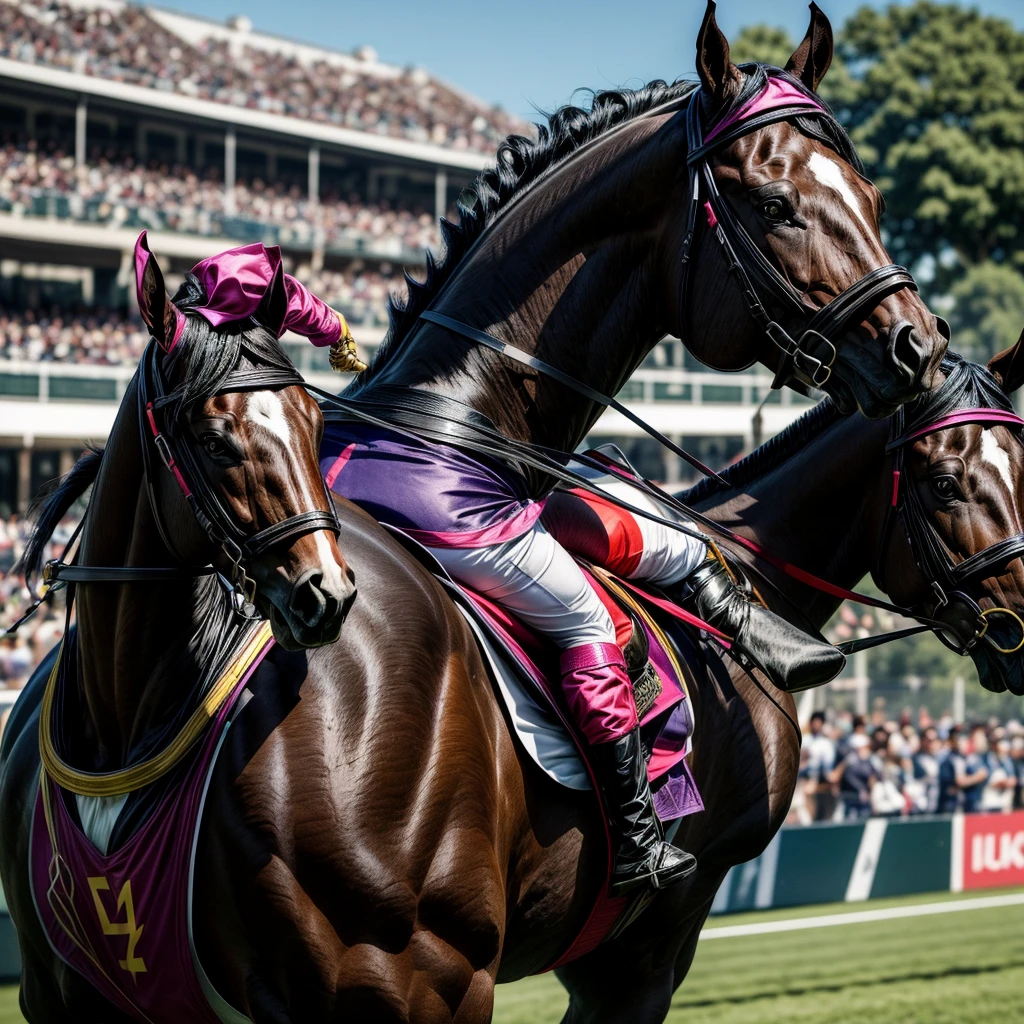 Create a muscular, attractive, black hair with somewhat dark skin, a racing silks outfit with bright and colorful colors inspired by polo men. Black horse in the background
