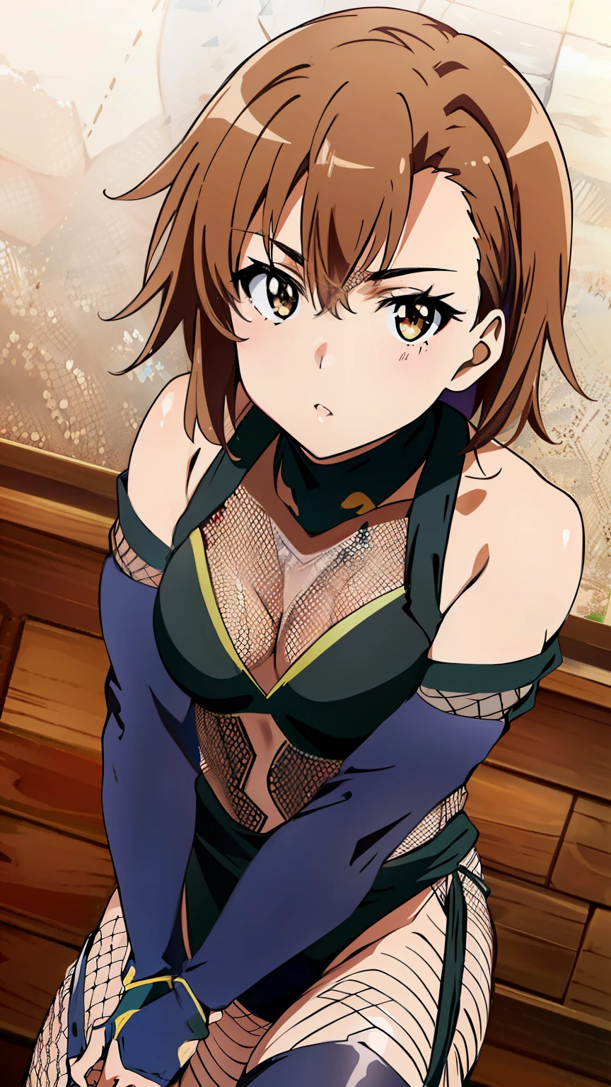 (masterpiece, best quality, 8k:1.2),Very detailed, (anime:1.1), misaka_mikoto, brown hair, short hair, hairpin, small medium breasts, 1girl, ((ninja:1.3),(fishnet-bodysuit:1.3), bare shoulders, detached sleeves, cleavage,thighhighs, thighs), dutch angle, looking at viewer,