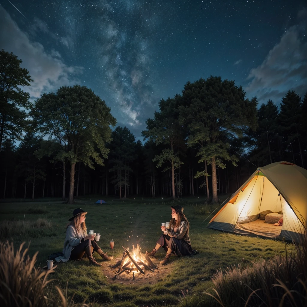 Do the m17 in a field near a tent with a chicara in your hands drinking a hot drink that .
With a June party type bonfire and beautiful moonlight .