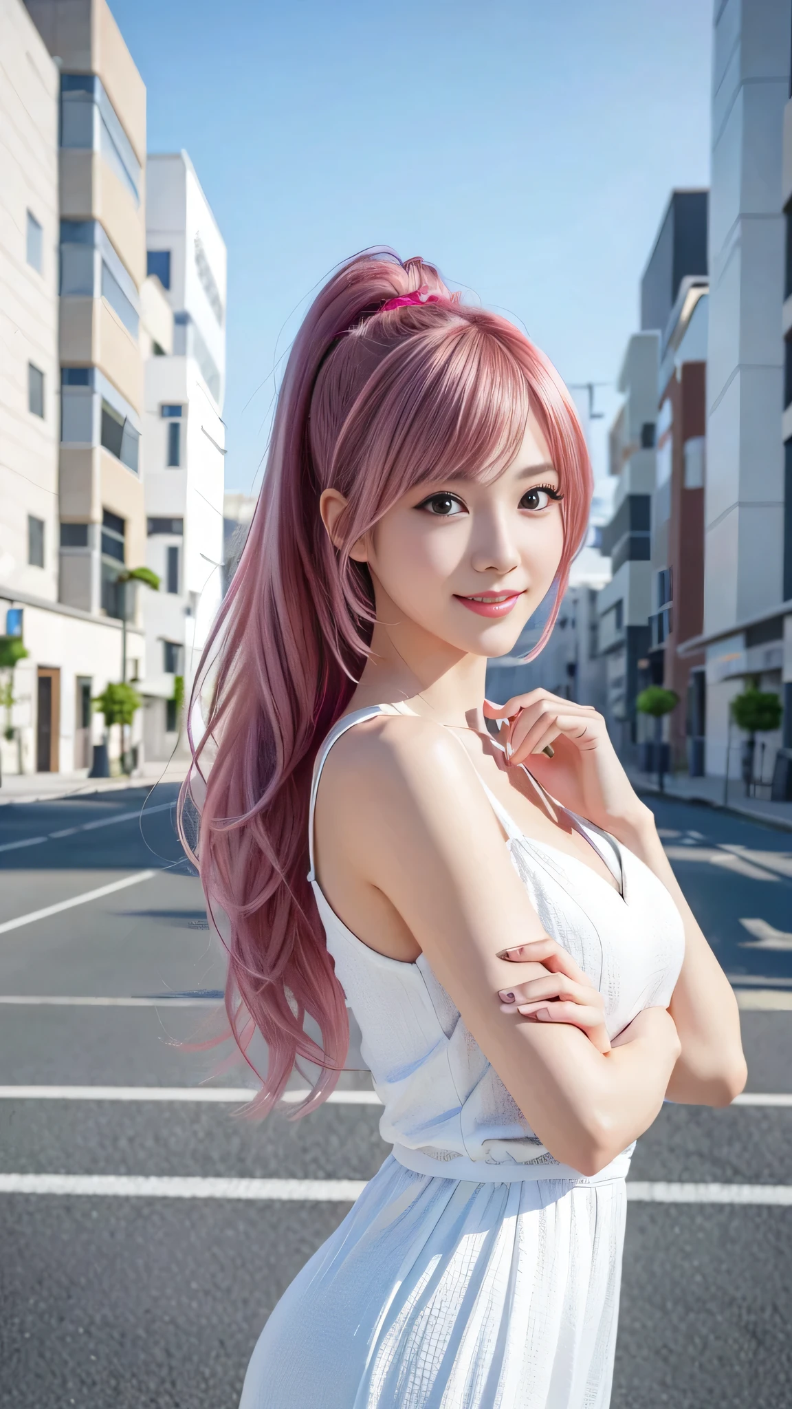 A woman with pink hair and a white dress, Anime realism style, Unreal 5. RPG Portrait, cgsociety portrait, Realistic art style, Smooth anime CG art, Photorealistic Anime Girl Rendering, Realistic anime 3D style, Loss Draw 1. 0, Realistic 3D animation, ArtJam ; 3d unreal engine, Realistic anime art style,The background is the city,The best smile、Side Ponytail