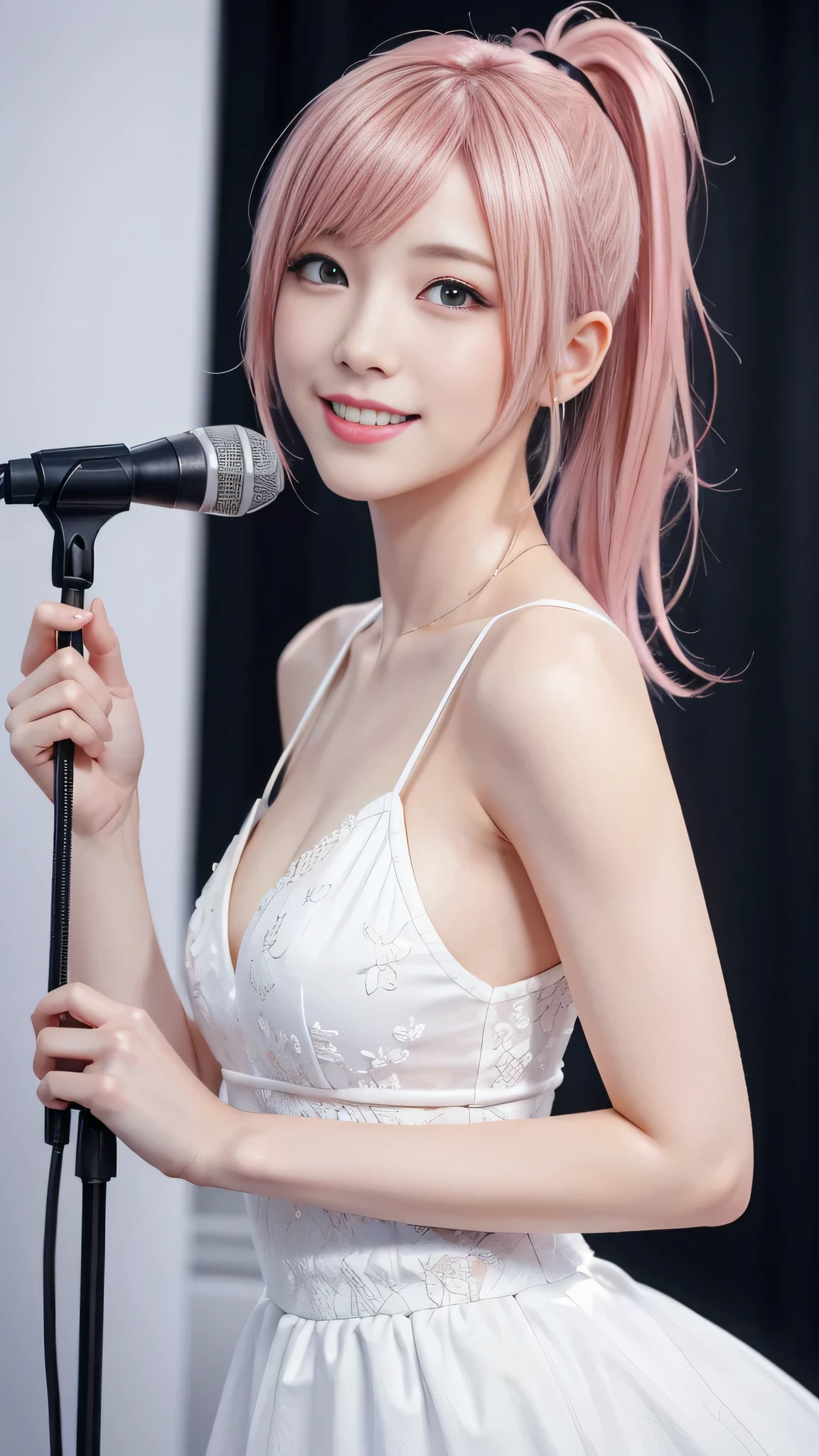 A woman with pink hair and a white dress, Anime realism style, Unreal 5. RPG Portrait, cgsociety portrait, Realistic art style, Smooth anime CG art, Photorealistic Anime Girl Rendering, Realistic anime 3D style, Loss Draw 1. 0, Realistic 3D animation, ArtJam ; 3d unreal engine, Realistic anime art style，The background is the inside of a karaoke booth.，The best smile、Side Ponytail、singing a song with a microphone