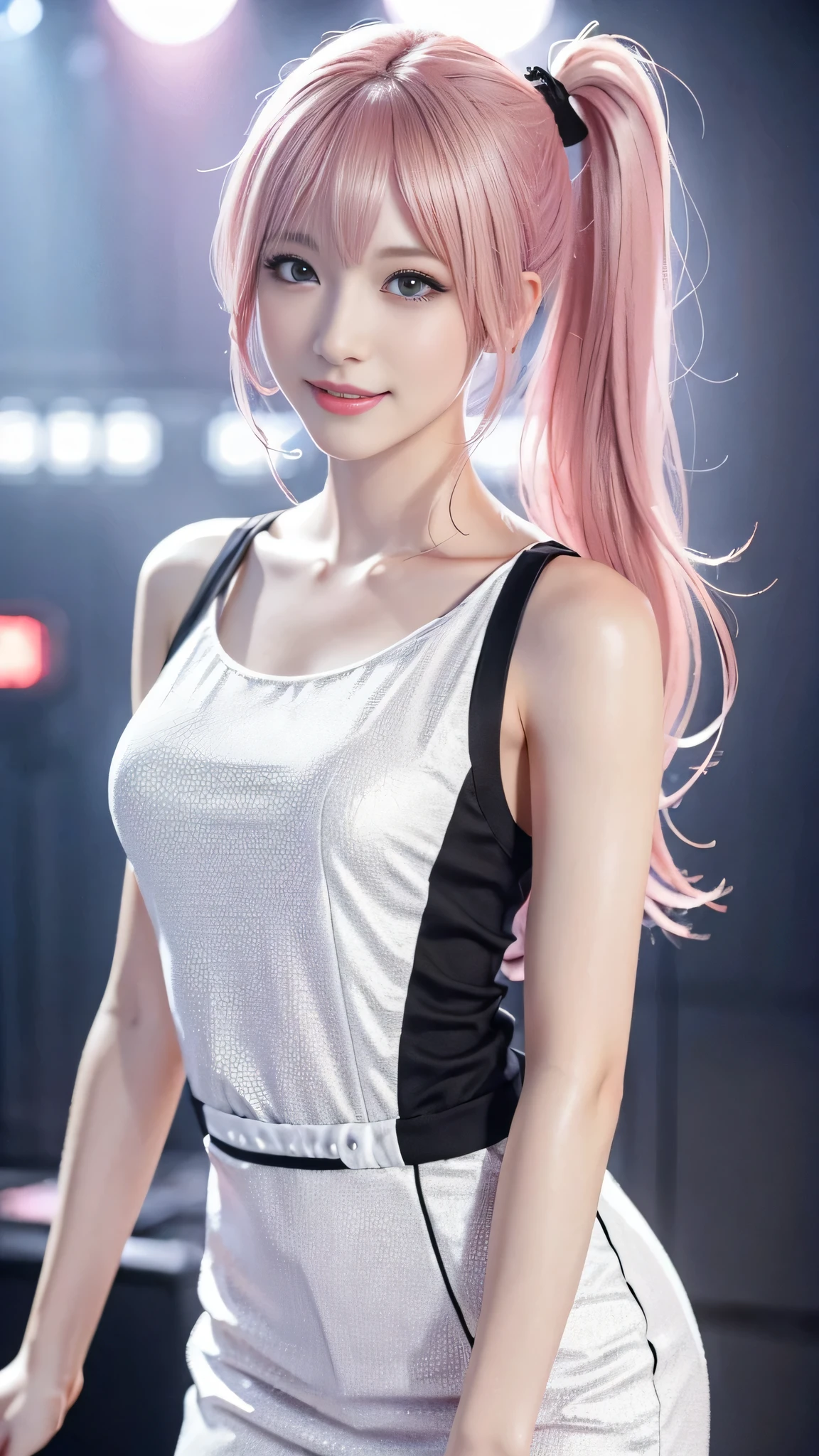 A woman with pink hair and a pink dress, Anime realism style, Unreal 5. RPG Portrait, cgsociety portrait, Realistic art style, Smooth anime CG art, Photorealistic Anime Girl Rendering, Realistic anime 3D style, Loss Draw 1. 0, Realistic 3D animation, ArtJam ; 3d unreal engine, Realistic anime art style,The background is space,The best smile、Twin tails