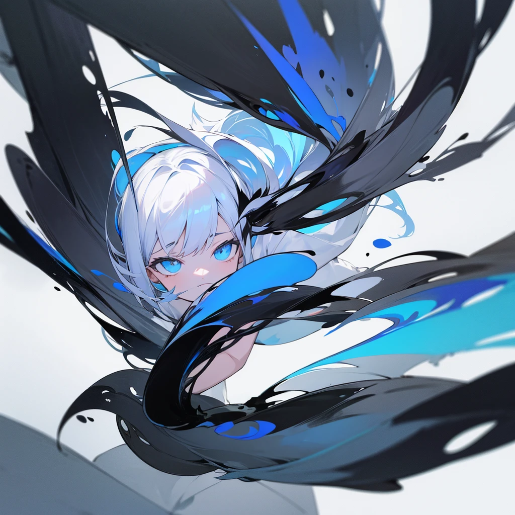 simple white background, liquid dark matter coming from bellow, black and white anime girl floating, abstract