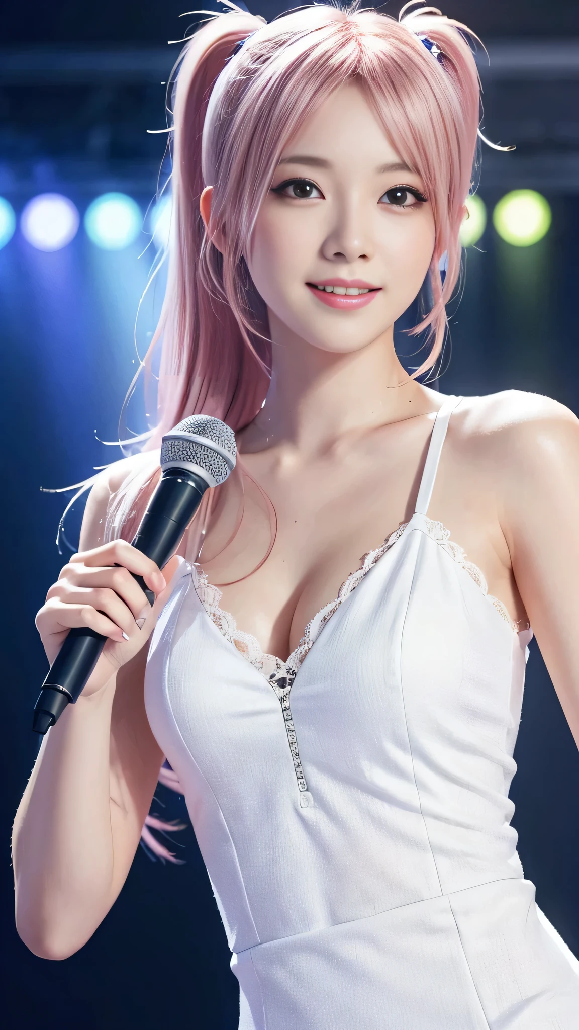 A woman with pink hair and a white dress, Anime realism style, Unreal 5. RPG Portrait, cgsociety portrait, Realistic art style, Smooth anime CG art, Photorealistic Anime Girl Rendering, Realistic anime 3D style, Loss Draw 1. 0, Realistic 3D animation, ArtJam ; 3d unreal engine, Realistic anime art style,The background is the inside of a karaoke booth.,The best smile、Side Ponytail、singing a song with a microphone