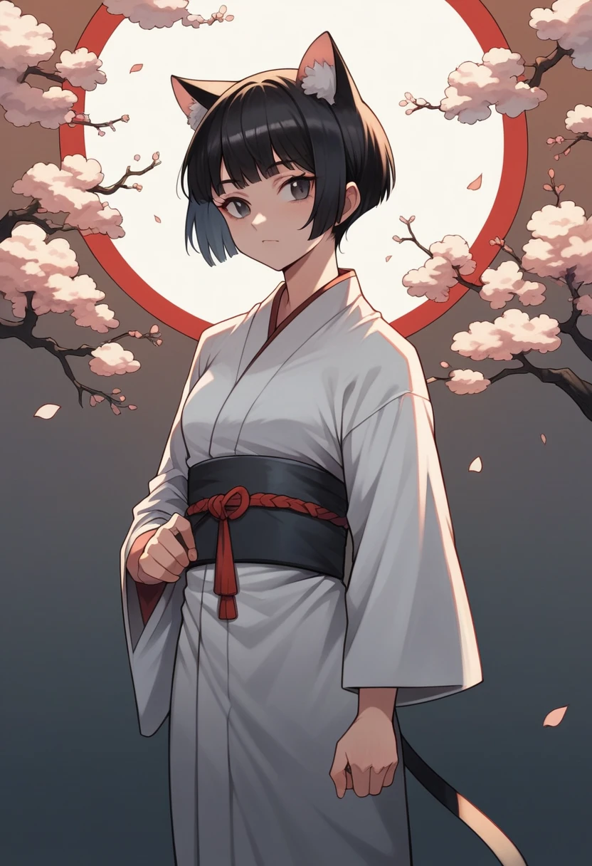 Masterpiece, wallpaper, high res, unaestheticXL_bp5, short hair, cat ears, black hair, 1girl, solo, Japanese uniform