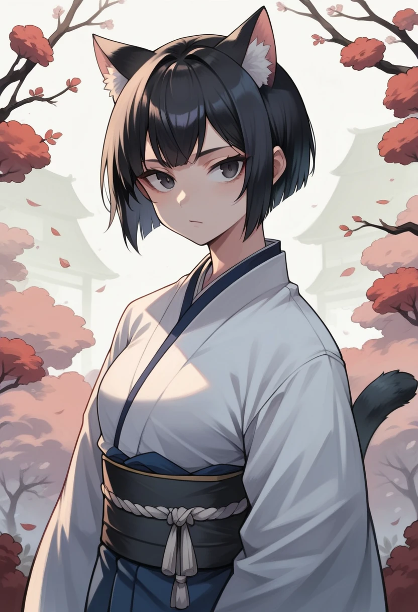 Masterpiece, wallpaper, high res, unaestheticXL_bp5, short hair, cat ears, black hair, 1girl, solo, Japanese uniform