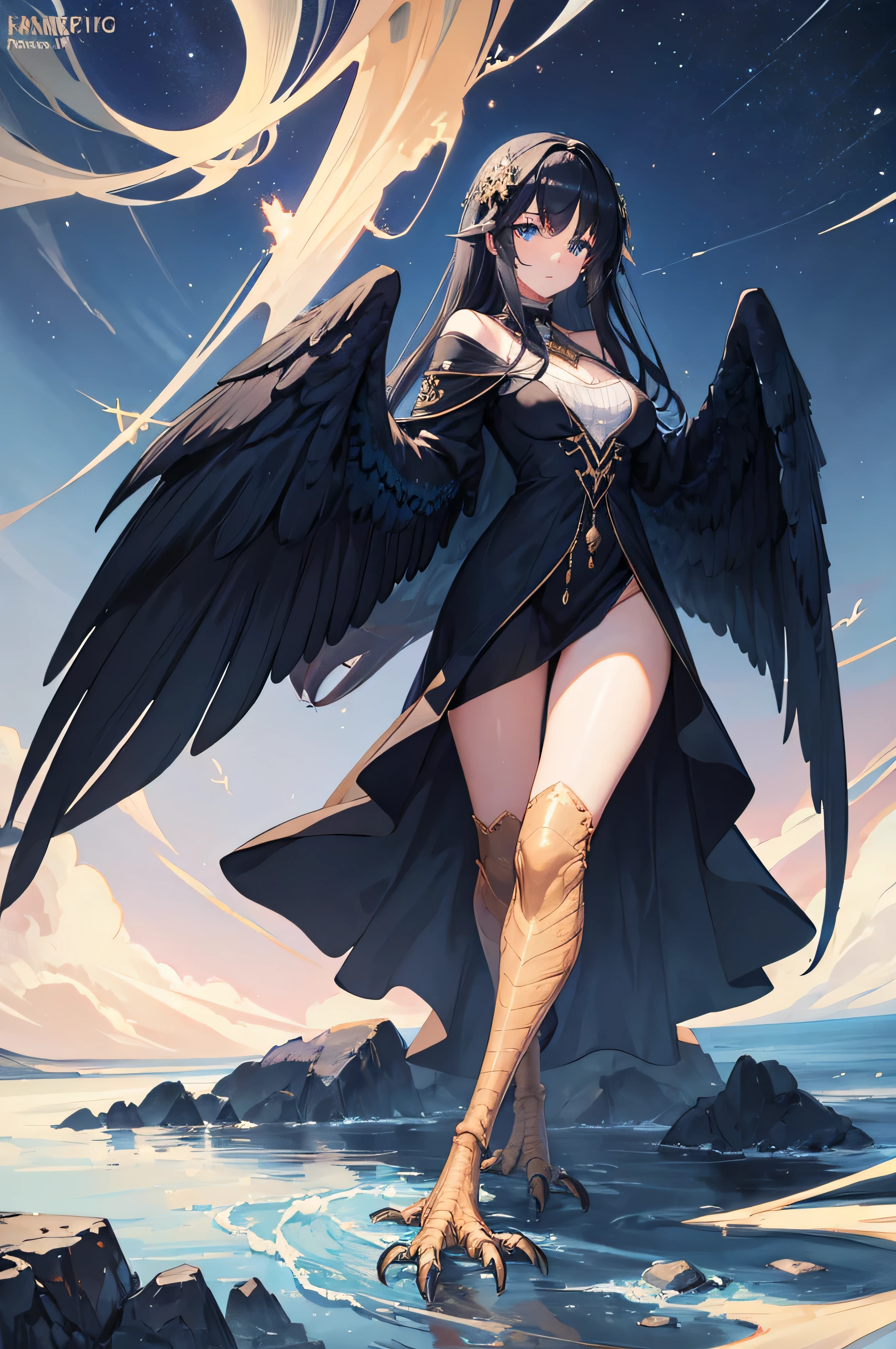 4K, high resolution, 1girl, harpy, full body, long black hair, blue eyes, large wings, short whit dress, revealing clothes, mountain background, starry night sky
