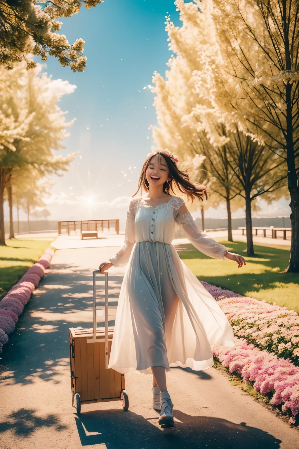 Create an image that symbolizes the awakening of the inner . The image must capture the essence of freedom, Innocence and joy.
Elements to Include:
Scenario: A green field with colorful flowers, tall trees and a clear blue sky with some fluffy clouds.
central figure: An adult figure with closed eyes and a calm expression, with a luminous aura around.
Inner child: A smaller, ethereal version of the central figure, emerging from your heart or mind, full of energy and vitality.
Symbolic details: glowing butterflies, sparks of golden light, old toys (like a teddy bear or a wooden cart) and colorful balloons floating.
Colors and Atmosphere: Use soft, pastel colors to convey a feeling of peace and happiness. The atmosphere must be magical and dreamlike, with a light golden haze that surrounds the scene.
Action: The inner must be laughing, dancing or playing, showing a deep connection with the surrounding nature.
objective: The image should convey a sense of renewal, hope and the importance of reconnecting with the purest and most spontaneous part of yourself.