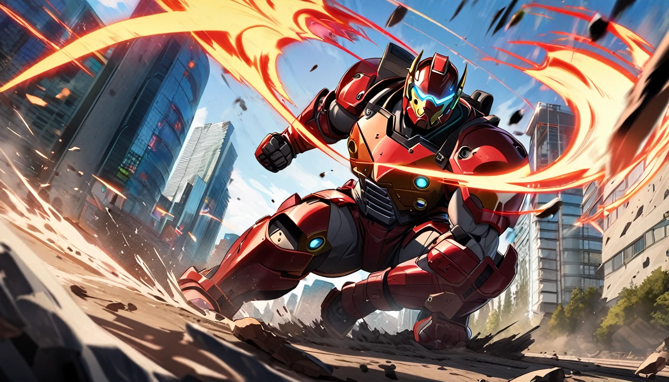 Hulkbuster-like suit ready for battle, Downtown Vancouver, high-quality artwork, anime style, vibrant colors, detailed metal armor, intense lighting, cityscape background, heroic pose, dramatic shadows, black suit with red stripe highlights, repulser cannons on shoulders, dynamic motion, slams fist into the ground,, hockey goalie faceplate, hockey goalie visor, grey visor covering face, epic superhero
