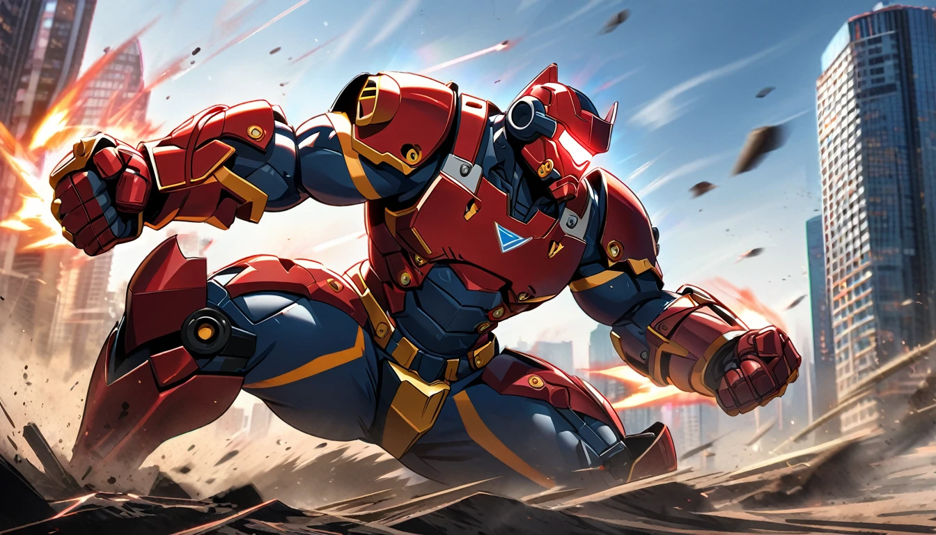 Hulkbuster-like suit ready for battle, Downtown Vancouver, high-quality artwork, anime style, vibrant colors, detailed metal armor, intense lighting, cityscape background, heroic pose, dramatic shadows, black suit with red stripe highlights, repulser cannons on shoulders, dynamic motion, slams fist into the ground,, hockey goalie faceplate, hockey goalie visor, grey visor covering face, epic superhero