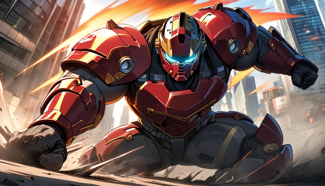 Hulkbuster-like suit ready for battle, Downtown Vancouver, high-quality artwork, anime style, vibrant colors, detailed metal armor, intense lighting, cityscape background, heroic pose, dramatic shadows, black suit with red stripe highlights, repulser cannons on shoulders, dynamic motion, slams fist into the ground,, hockey goalie faceplate, hockey goalie visor, grey visor covering face, epic superhero