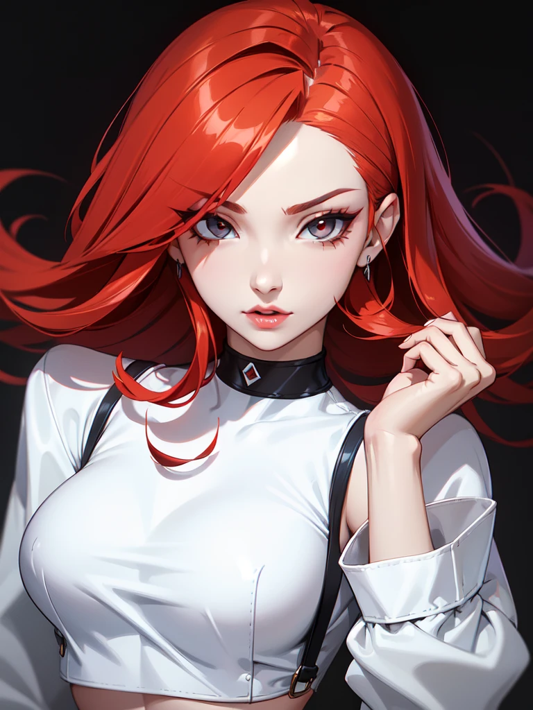 (((Portrait Photo))), She She has a Confident and Stylish Appearance with Fiery Red Hair, featuring a Slim and Fit Build with a Fashionable Attitude. She has Sharp, Alluring Eyes, and Expresses a Bold and Playful Look, Giving Off a Sophisticated and Seductive Attitude. Her Hair is Medium-Length and Sleek, Fiery Red with Blonde Tips, with Bangs Falling Over Her Forehead. She Wears a White, Cropped High-Fashion Top Paired with Casual, White Drawstring Pants. (((High Quality, Dark Background))), (((Portrait Photo)))