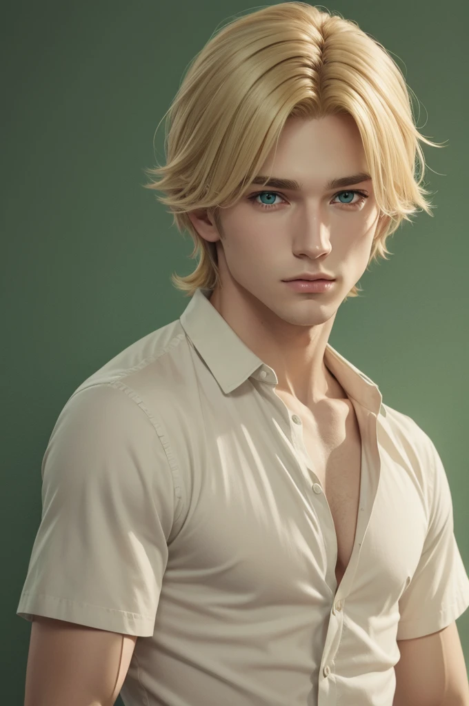 Blond male character with medium hair and green eyes , drawning