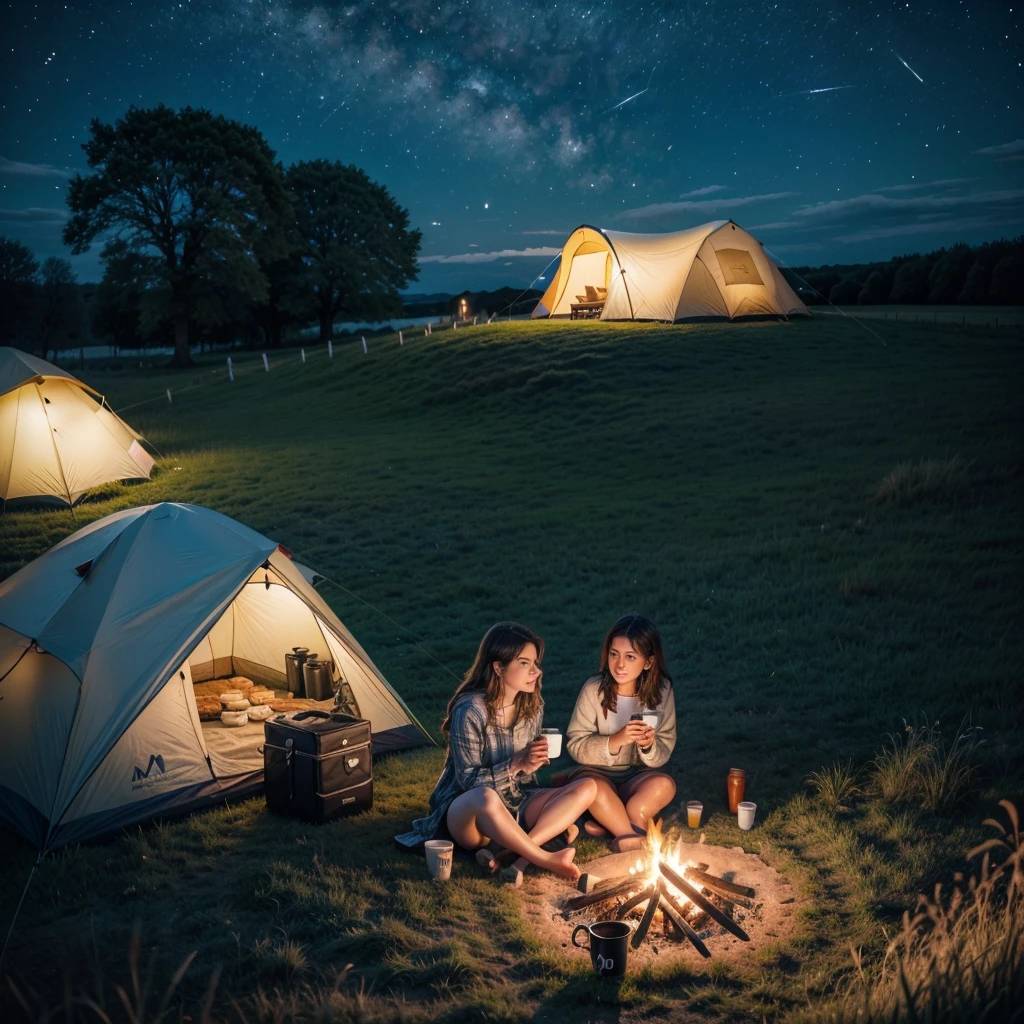 Do the m17 in a field near a tent with a chicara in your hands drinking a hot drink that .
With a June party type bonfire and beautiful moonlight .
