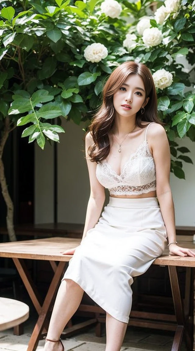 Dark brown hair、Light brown eyes、Japanese actress、 Lady、I40歳くらいです..、(Intricate details:1.2)、(Which is the top?????:1.4)、 (Ultra-high resolution:1.2)、Ultra-high resolution、(Fine-tune)、(Detailed facial features)、Hmph、8k resolution、D cup size breasts、Long Hair、ロサンゼルス Shade Awning サン&Shade Awning、Terrace Cafe、Cafe tables lined up、Cafe chair、relax、、,Full body photo、Head to toe shot、Beautiful feet、White camisole、mini skirt、Blackpink Jenny I、Take this photo、Beautiful feet、she, Fashion Hub, Attention to detail, Very detailed, Realistic, Hourglass Shaped Body, Obscene pose,Leaning against a wall、Please lift your chin a little.....、Poses that make you feel weak、Are crying、Deep sorrow、My eyes and cheeks are wet with tears、A cafe surrounded by white flowers、Very sandals、Place your elbows on the table、Place your chin on your hand、