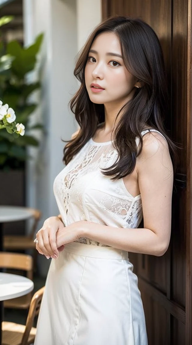 Dark brown hair、Light brown eyes、Japanese actress、 Lady、I40歳くらいです..、(Intricate details:1.2)、(Which is the top?????:1.4)、 (Ultra-high resolution:1.2)、Ultra-high resolution、(Fine-tune)、(Detailed facial features)、Hmph、8k resolution、D cup size breasts、Long Hair、ロサンゼルス Shade Awning サン＆Shade Awning、Terrace Cafe、Cafe tables lined up、Cafe chair、relax、、,Full body photo、Head to toe shot、Beautiful feet、White camisole、mini skirt、Blackpink Jenny　I、Take this photo、Beautiful feet、she, Fashion Hub, Attention to detail, Very detailed, Realistic, Hourglass Shaped Body, Obscene pose,Leaning against a wall、Please lift your chin a little.....、Poses that make you feel weak、Are crying、Deep sorrow、My eyes and cheeks are wet with tears、A cafe surrounded by white flowers、Very sandals、Place your elbows on the table、Place your chin on your hand、