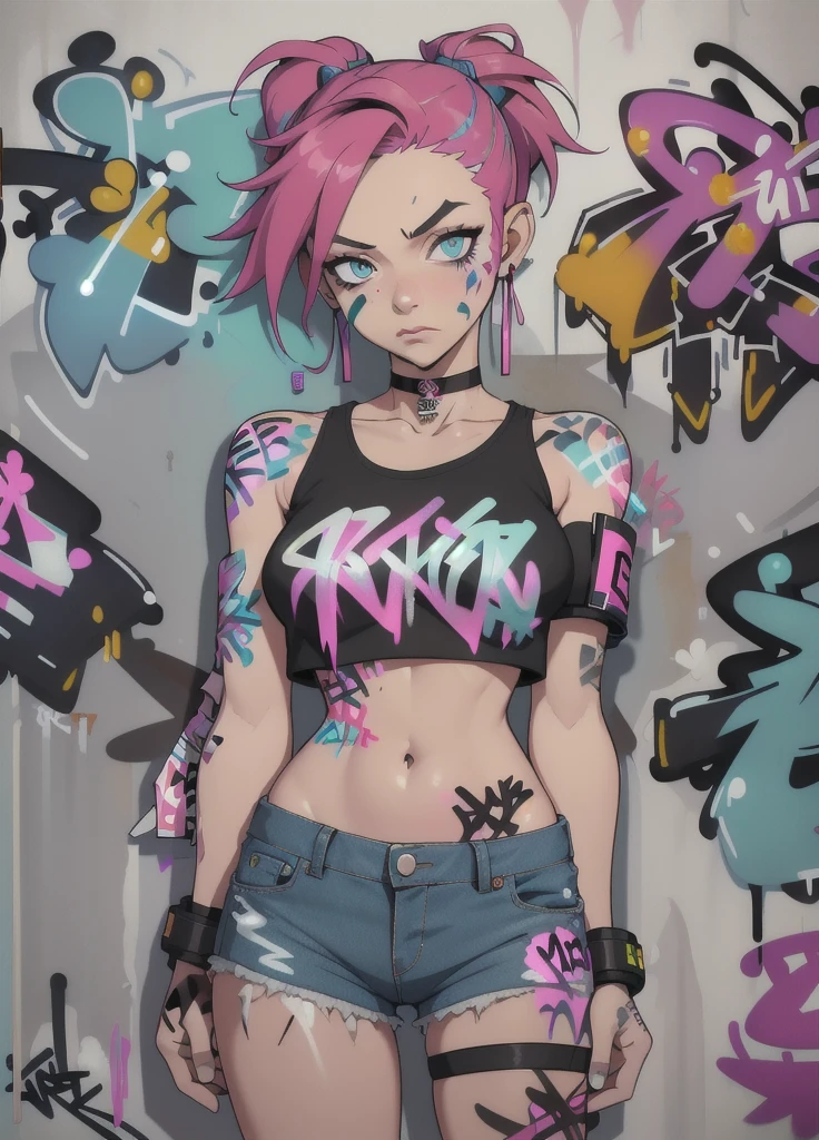 masterpiece, best quality, 1girl, solo, crop top, denim shorts, choker, (graffiti:1.5), paint splatter, arms behind back, against wall, looking at viewer, armband, thigh strap, paint on body, head tilt, bored, multicolored hair, aqua eyes, headset,