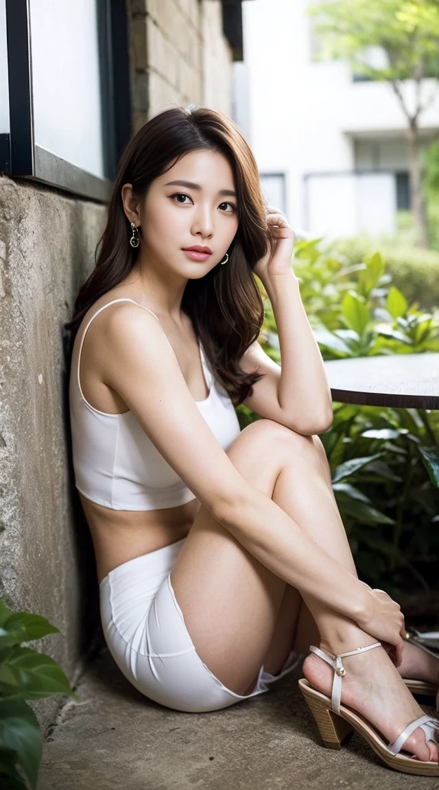 （best qualtiy，tmasterpiece：1.2），Chinese woman，sportrait，bralette，exteriors，Elegant thin legs，Wear white high heels，Thin