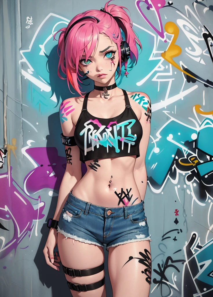 masterpiece, best quality, 1girl, solo, crop top, denim shorts, choker, (graffiti:1.5), paint splatter, arms behind back, against wall, looking at viewer, armband, thigh strap, paint on body, head tilt, bored, multicolored hair, aqua eyes, headset,
