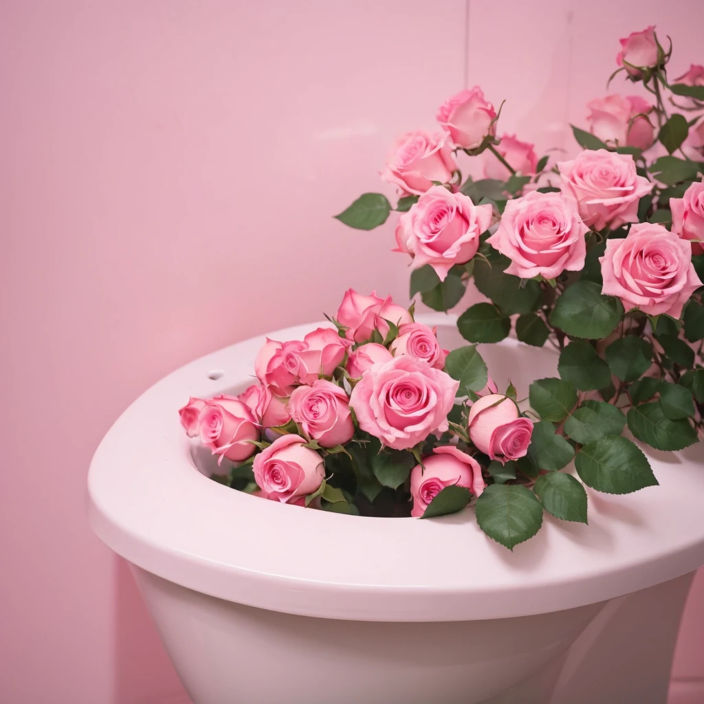 Roses adorn the toilet bowl,Pink element,Gradient,Highest quality,8k