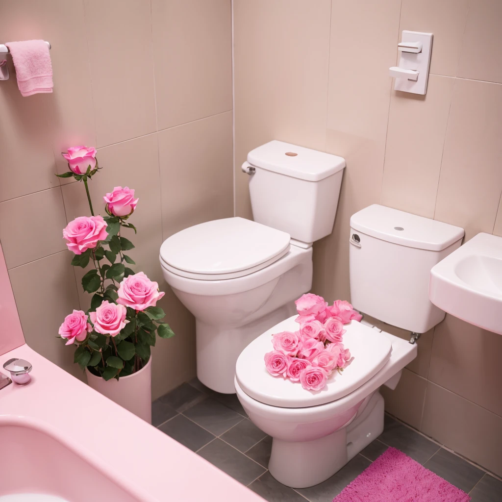 Roses adorn the toilet bowl，Pink element，Gradient，Highest quality，8k