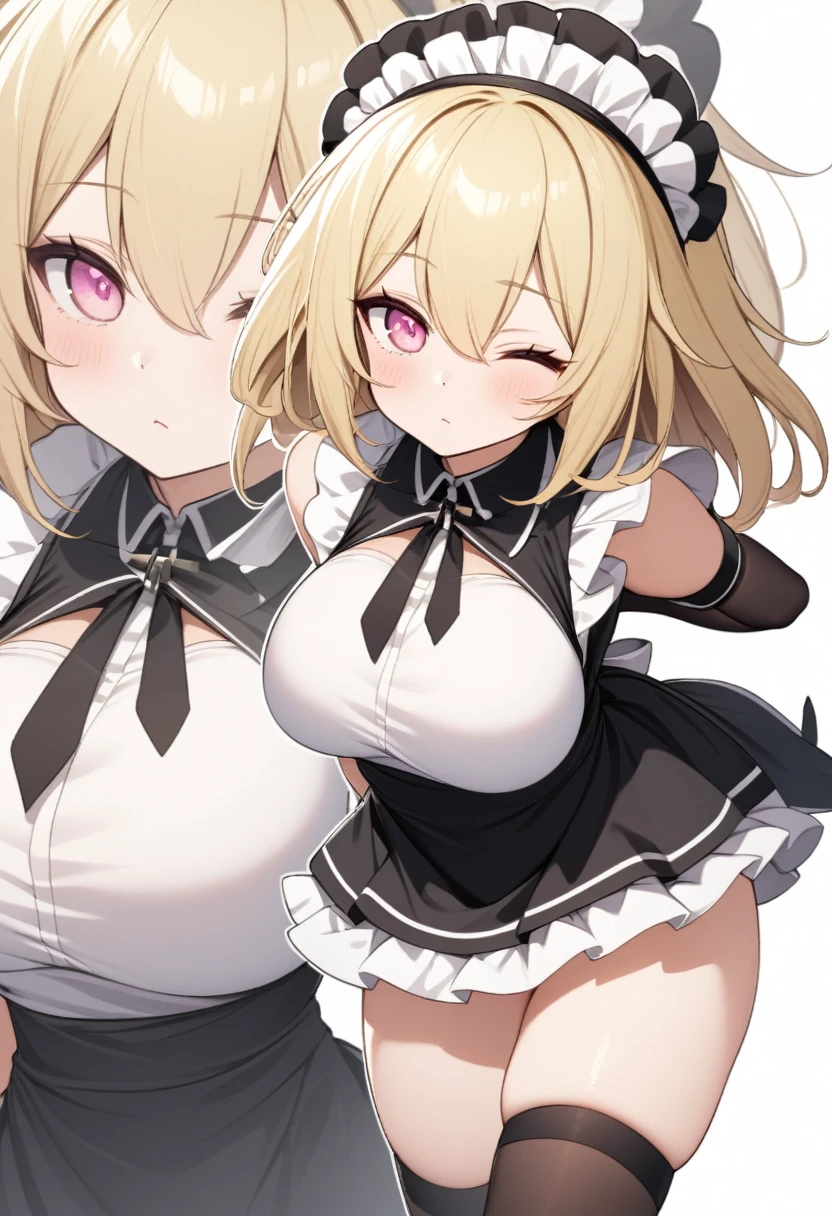 (One girl)、(medium length hair)、(sidelock)、((Blonde))、(slan eyes)、（boyish）、Morgan、(Big super breasts)、((Chubby))、Maid、No sleeve、mini skirt、White sleeveless、thigh-high socks thighhighs、(long gloves)、hairs between eyes、(coarse hair)、[flipped hair]、pink eye、expressionless、one eye closed、arm behind back、two side up、White Background、
