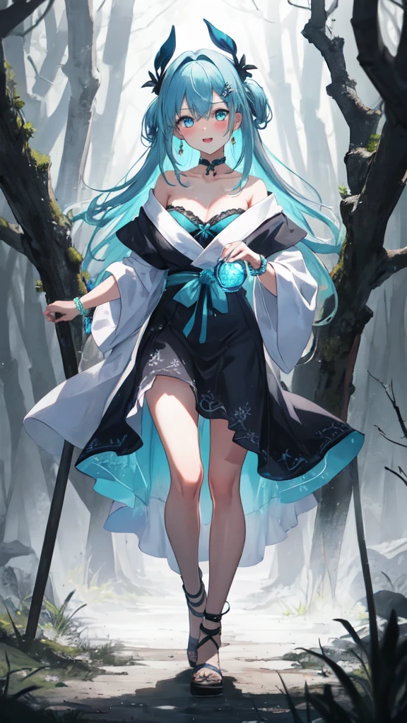 (8K, best quality, master piece: 1.2),super high resolution,1 girl, solo, full body ,ultra-detailed face, blush,  Rainbow hair, (long hair:1.3), thin hair clip, cyan colorshift eyes, expressive eyes, collarbone, Ecstatic expression, robe, bracelets ,She stands in an ancient, misty forest, with the faint glow of her magic illuminating the surroundings.