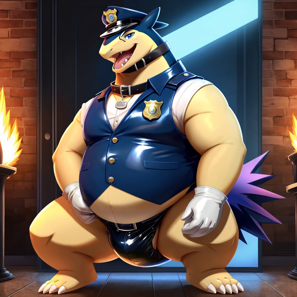 Solo, Male, fat, squatting, extremely obese, gentleman, dapper Typhlosion, pooping in diaper, blue eyes, (soft shading), 4k, hi res, ((detailed face, detailed)), looking at viewer, evil grin, police station, collared shirt with buttons, hat, male focus, Police Uniform, glasses, monocle, vest with buttons, sleeves rolled up, round eyewear, headwear, vest, Typhlosion is wearing a glossy leather dog collar around the neck, Typhlosion is wearing the leather collar and shirt and vest at the same time, Typhlosion is wearing glossy light-blue rubber gloves on the hands, wearing light-blue rubber gloves on the feet, gloves are rubber in texture, mouth wide open, evil laugh, clenching fists, leather collar is glossy and shiny with a lot of detail, Typhlosion is wearing gloves and leather collar at the same time, leather collar has a round dog-tag, leather collar is thick and detailed, light-blue rubber gloves on the feet, Typhlosion is wearing gloves and leather collar at the same time, leather collar has a round dog-tag, leather collar is thick and detailed, leather collar is glossy and shiny, fancy clothing, dapper vest, dapper shirt, leather collar is thick, glossy leather collar, Typhlosion is wearing a dirty diaper