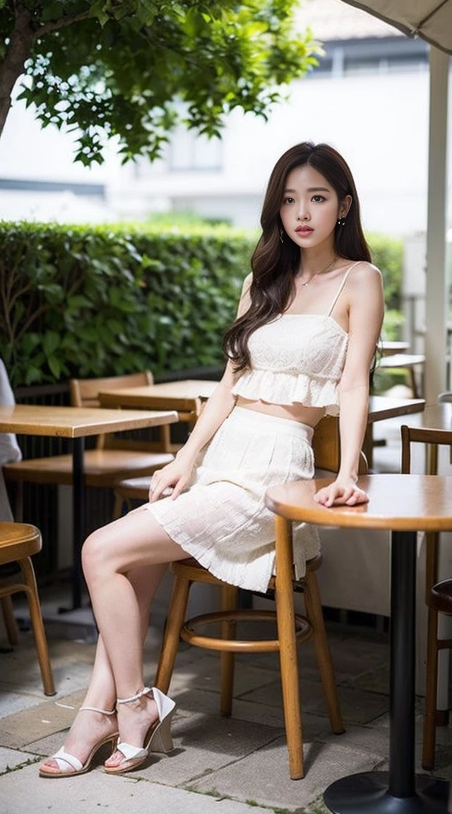 Dark brown hair、Light brown eyes、Japanese actress、 Lady、I40歳くらいです..、(Intricate details:1.2)、(Which is the top?????:1.4)、 (Ultra-high resolution:1.2)、Ultra-high resolution、(Fine-tune)、(Detailed facial features)、Hmph、8k resolution、D cup size breasts、Long Hair、ロサンゼルス Shade Awning サン＆Shade Awning、Terrace Cafe、Cafe tables lined up、Cafe chair、relax、、,Full body photo、Head to toe shot、Beautiful feet、White camisole、mini skirt、Blackpink Jenny　I、Take this photo、Beautiful feet、she, Fashion Hub, Attention to detail, Very detailed, Realistic, Hourglass Shaped Body, Obscene pose,Leaning against a wall、Please lift your chin a little.....、Poses that make you feel weak、Are crying、Deep sorrow、My eyes and cheeks are wet with tears、A cafe surrounded by white flowers、Very sandals、Place your elbows on the table、Place your chin on your hand、