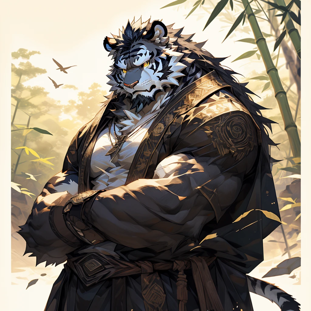 白色皮肤tiger),(黑白阴阳General战袍),Holding a long sword,坚Strong姿态,Stand calmly,(The background is a dark forest，Full of bamboo:1.2),abdominal muscles,Heroic Stance飒爽,完美的masterpiece,Various facial details,Perspective from a distance,specific description,masterpiece,CG,(Golden Eyes),Black and white pattern,Crimson Tail,General,Heroic Stance,tiger,Black and white fur,Specific facial details,Half Body,(黑白阴阳General战履),(Chang Ling),((middle aged)),(Face Focus),(16K),HD,Black and white belly，wilderness,beard,(Noodle),Different students,(Black and white yin and yang shirt),(Black and white hair),Strong,muscle,(high resolution:1.3),(Standing deep in the desolate bamboo forest),(close up),(Delicate face:1.5),Perfect details,(Half Body),(Facial details:1.5),(Zoom in on the face:1.5),(白色Noodle:1.2),(黑色beard:1.3),(white face;1.6),White body