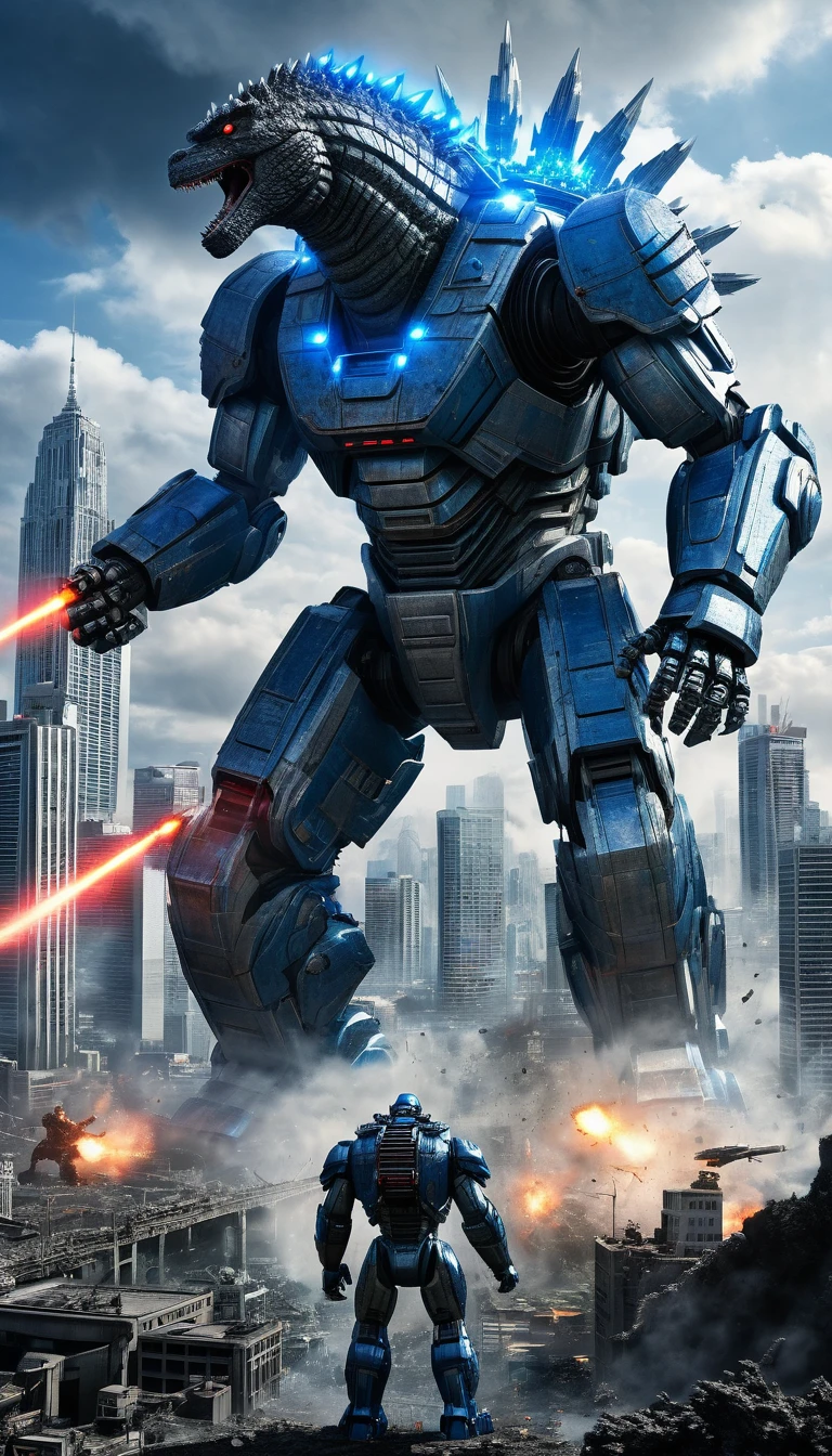 ((A Giant Robot VS Godzilla)) with a war torn city in the background, blue laser beams coming from godzillas eyes (best quality, masterpiece:1.2), ultra-detailed, (realistic, photo-realistic:1.37), highly detailed, intricate, elegant, graceful, minimal, clean, simple, photorealistic, digital art, 4k, 8k, highres