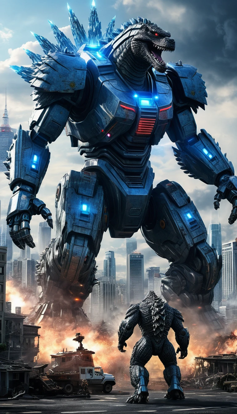 ((A Giant Robot VS Godzilla)) with a war torn city in the background, blue laser beams coming from godzillas eyes (best quality, masterpiece:1.2), ultra-detailed, (realistic, photo-realistic:1.37), highly detailed, intricate, elegant, graceful, minimal, clean, simple, photorealistic, digital art, 4k, 8k, highres