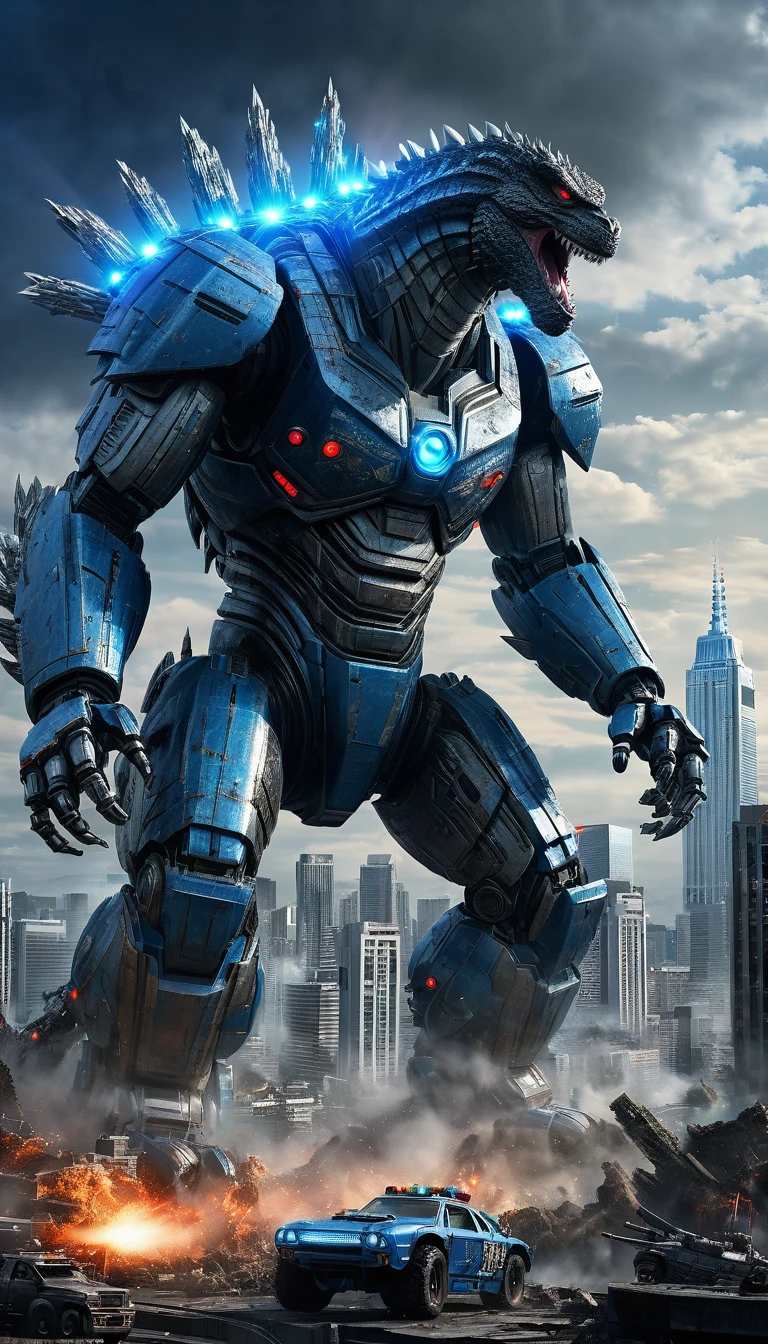((A Giant Robot VS Godzilla)) with a war torn city in the background, blue laser beams coming from godzillas eyes (best quality, masterpiece:1.2), ultra-detailed, (realistic, photo-realistic:1.37), highly detailed, intricate, elegant, graceful, minimal, clean, simple, photorealistic, digital art, 4k, 8k, highres