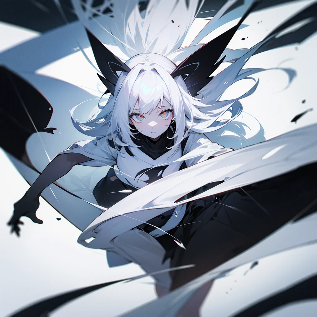 simple white background, liquid dark matter coming from bellow, black and white anime girl floating, abstract, white eyes, white hair, white skin