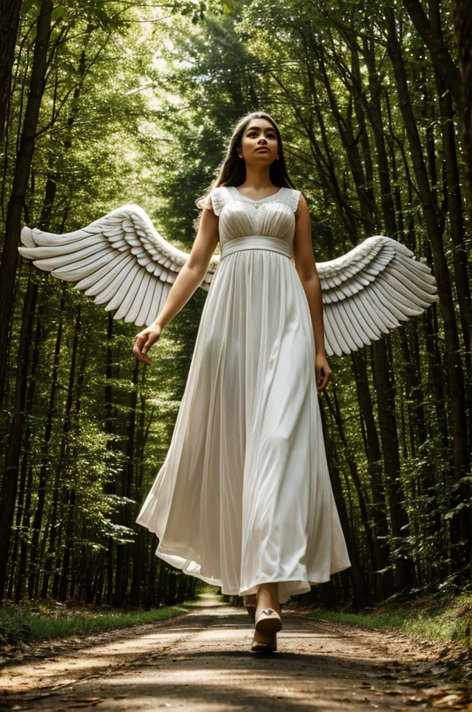 an angel on a wooded road heading to heaven