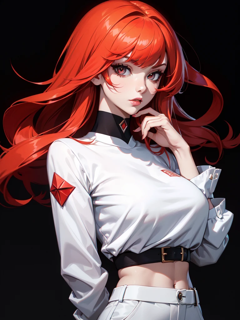 (((Portrait Photo))), She She has a Confident and Stylish Appearance with Fiery Red Hair, featuring a Slim and Fit Build with a Fashionable Attitude. She has Sharp, Alluring Eyes, and Expresses a Bold and Playful Look, Giving Off a Sophisticated and Seductive Attitude. Her Hair is Medium-Length and Sleek, Fiery Red with Blonde Tips, with Bangs Falling Over Her Forehead. She Wears a White, Cropped High-Fashion Top Paired with Casual, White Drawstring Pants. (((High Quality, Dark Background))), (((Portrait Photo)))