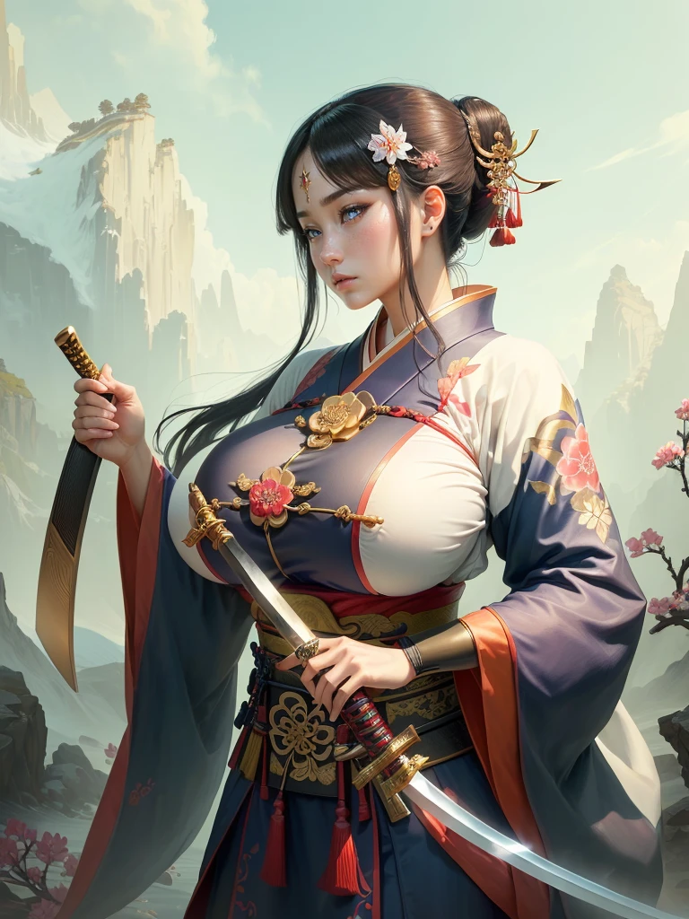 arafed image of a woman in a kimono with a sword, inspired by Li Mei-shu, she is holding a katana sword, inspired by Cao Zhibai, inspired by Ju Lian, inspired by Guan Daosheng, inspired by Wu Zuoren, inspired by Zhao Yuan, inspired by Zhao Mengfu, beautiful character painting, Highly detailed CG unit 8k wallpaper, masterpiece, High resolution, highest quality, highest quality real texture skin, Super Real, Digital Painting, Best image quality, 最High resolution, 8k, ((Highly detailed eyes and face, Beautiful eyes every detail)), profile, (Saggy breasts, Gravity-dependent breasts, long chest, Heavy chest, disproportionate breasts, huge breasts, sagging breasts, gigantic breasts, erect nipple),