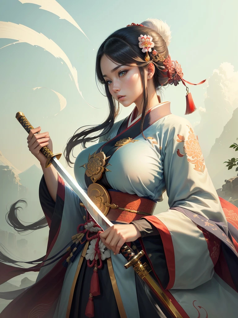 arafed image of a woman in a kimono with a sword, inspired by Li Mei-shu, she is holding a katana sword, inspired by Cao Zhibai, inspired by Ju Lian, inspired by Guan Daosheng, inspired by Wu Zuoren, inspired by Zhao Yuan, inspired by Zhao Mengfu, beautiful character painting, Highly detailed CG unit 8k wallpaper, masterpiece, High resolution, highest quality, highest quality real texture skin, Super Real, Digital Painting, Best image quality, 最High resolution, 8k, ((Highly detailed eyes and face, Beautiful eyes every detail)), profile, (Saggy breasts, Gravity-dependent breasts, long chest, Heavy chest, disproportionate breasts, huge breasts, sagging breasts, gigantic breasts, erect nipple),