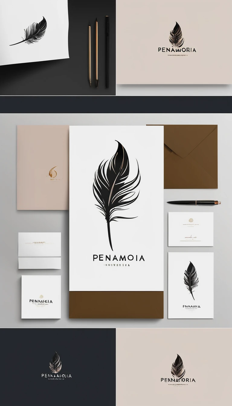 A minimal, modern, simple, cinematic logo design for the brand “Penamemoria". Create a modern, minimalistic, high-quality, masterpiece, fantastic, poetic feather that symbolizes dreams and stories.