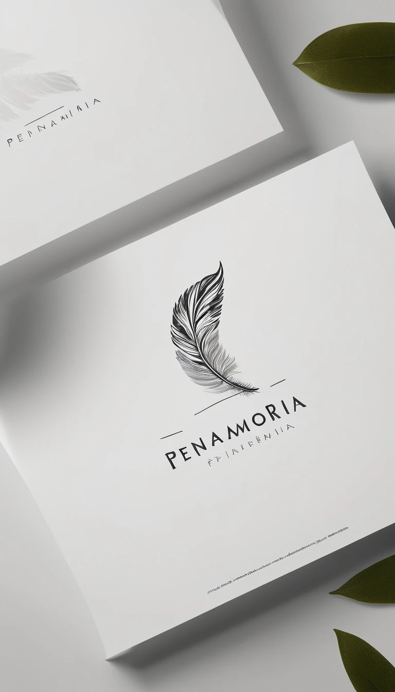 A minimal, modern, simple, cinematic logo design for the brand “Penamemoria". Create a modern, minimalistic, high-quality, masterpiece, fantastic, poetic feather that symbolizes dreams and stories.