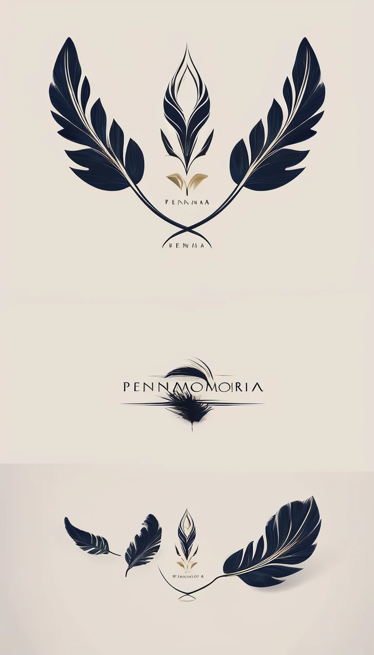 A minimal, modern, simple, cinematic logo design for the brand “Penamemoria". Create a modern, minimalistic, high-quality, masterpiece, fantastic, poetic feather that symbolizes dreams and stories.