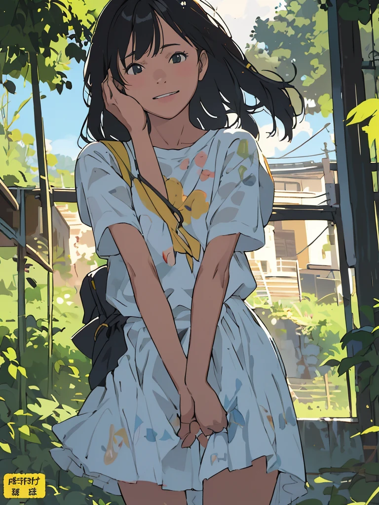 reasonable design, Clear lines, High Sharpness, (highest quality,8K,Perfect sharpness,Ultra fine,High resolution,masterpiece:1.2), Perfect Anatomy:1.5, Official Art, Illustrations that tell a story, (Whitish background:0. 9）、Body Positivity、More Mr.Physical expression、（Random and mischievous poses）、Perfect beauty、Perfect beautiful face、Strong winds、A rich expression、Dynamic composition、smile、Golden ratio composition、colorful、（Mr.Different angles and perspectives）、anime art、mini skirt、（Overcoming stereotypes）、 Glowing Skin、（Natural beauty）、smile、bangs、Straight Hair、（Soft and flowing hair）、（Rural Scenery）、（Nostalgic atmosphere）、Insert up to the thighs、（Playful and carefree）、（More Mr.Ethnic characters）、（innocent attitude）、（Sunny atmosphere）、Skirt flipped up、（Bright colors）、Belly button exposed、Beautiful Eyes、A skirt fluttering in the wind、Put it in to your feet、Some composition patterns、sensuous、Geometric pattern、emotional、Symposium cover、