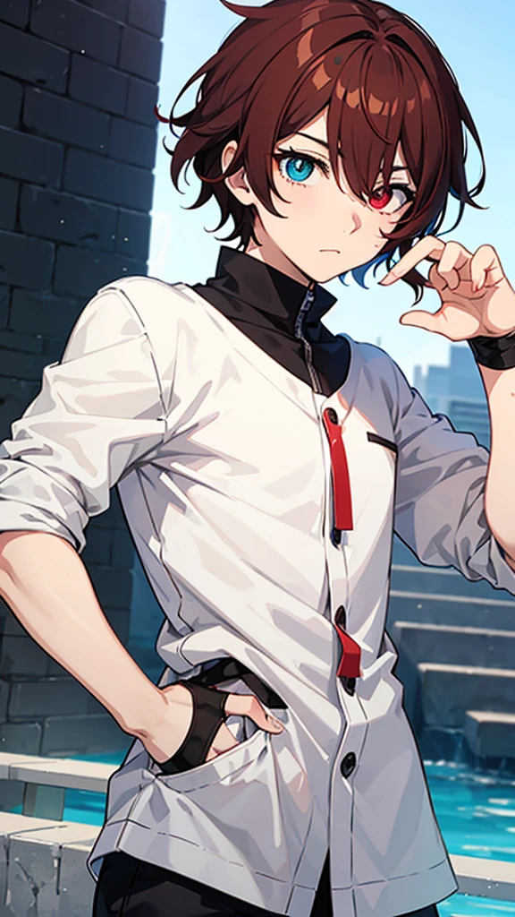 anime boy with heterochromia since one eye is green and the other red, short brown hair with an expression of fun and disinterest