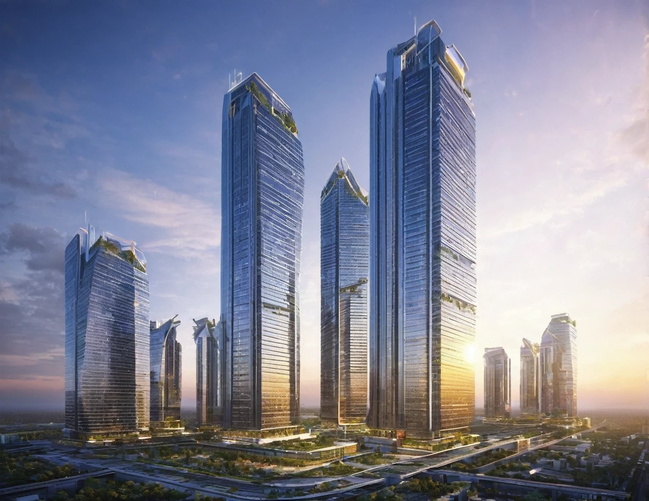 Sky scraper buildings, future buildings, sunrise time, future complex,