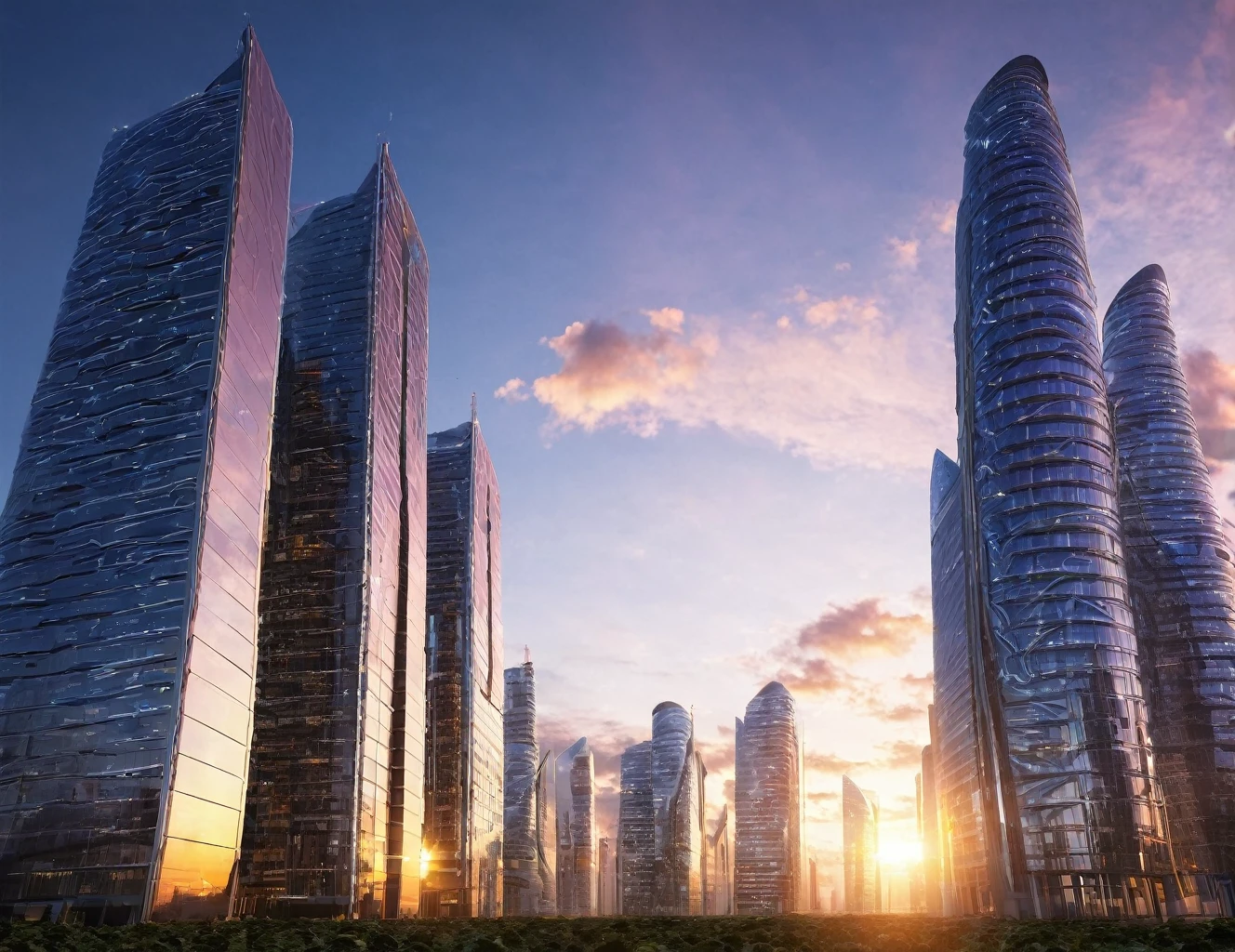 Sky scraper buildings, future buildings, sunrise time, future complex,