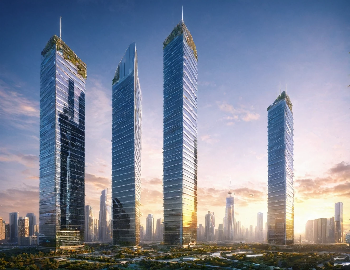 Sky scraper buildings, future buildings, sunrise time, future complex,